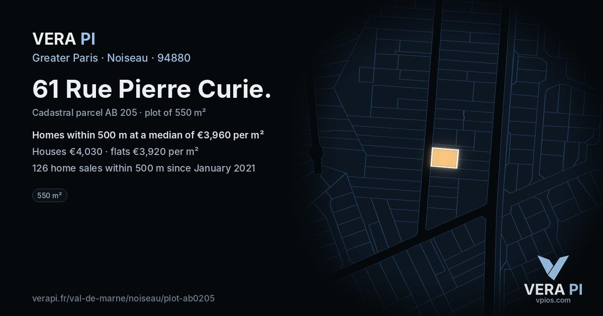 61 Rue Pierre Curie, Noiseau at night – the plot lit, the parcels around coloured by the prices near them