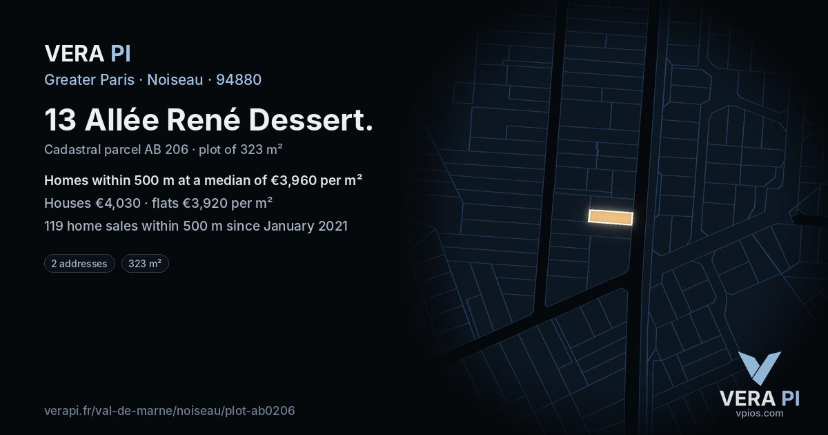 13 Allée René Dessert, Noiseau at night – the plot lit, the parcels around coloured by the prices near them