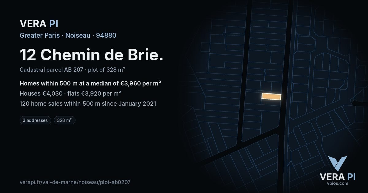 12 Chemin de Brie, Noiseau at night – the plot lit, the parcels around coloured by the prices near them