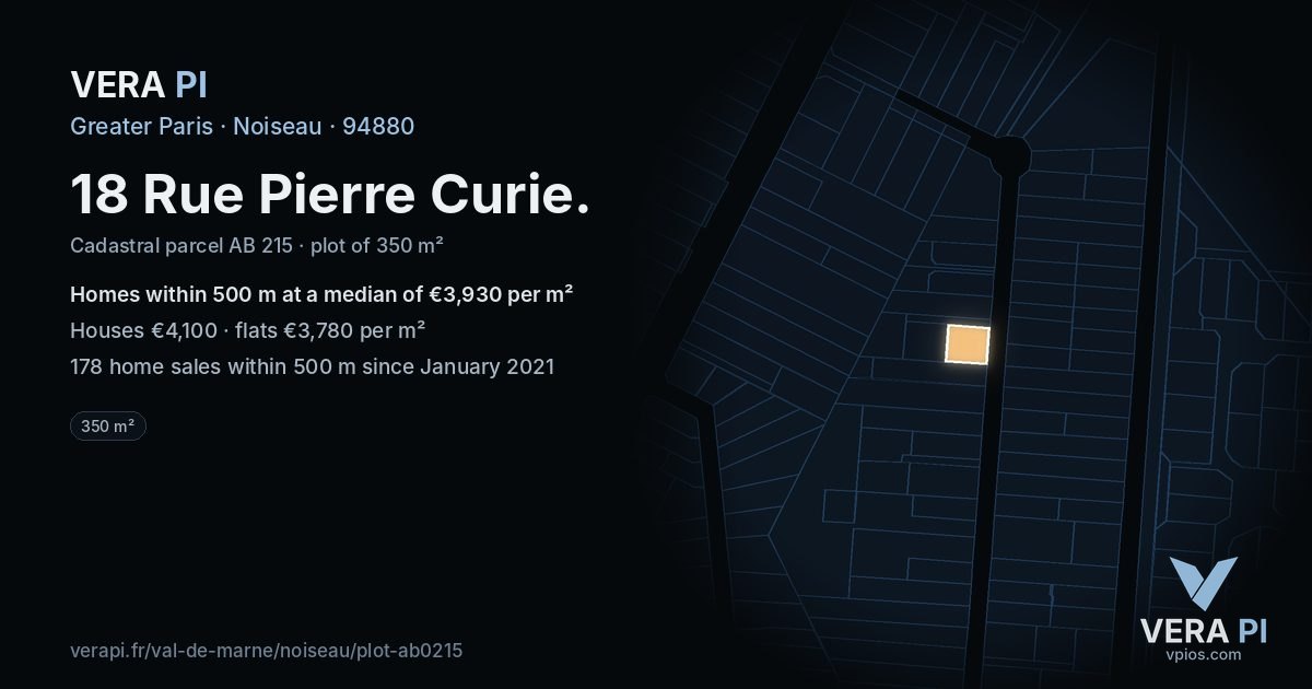 18 Rue Pierre Curie, Noiseau at night – the plot lit, the parcels around coloured by the prices near them