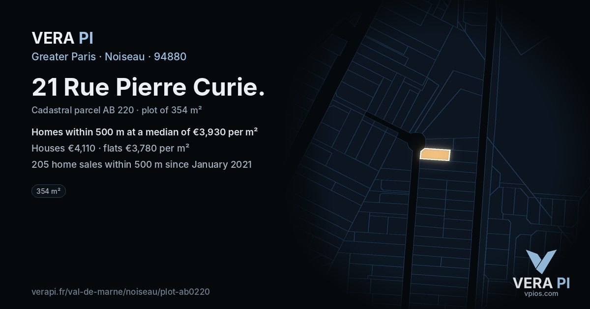 21 Rue Pierre Curie, Noiseau at night – the plot lit, the parcels around coloured by the prices near them