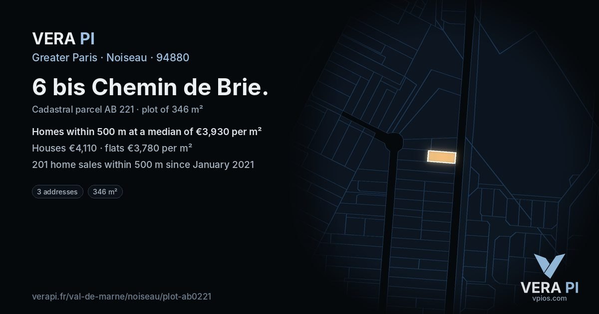 6 bis Chemin de Brie, Noiseau at night – the plot lit, the parcels around coloured by the prices near them