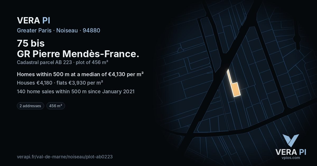 75 bis GR Pierre Mendès-France, Noiseau at night – the plot lit, the parcels around coloured by the prices near them