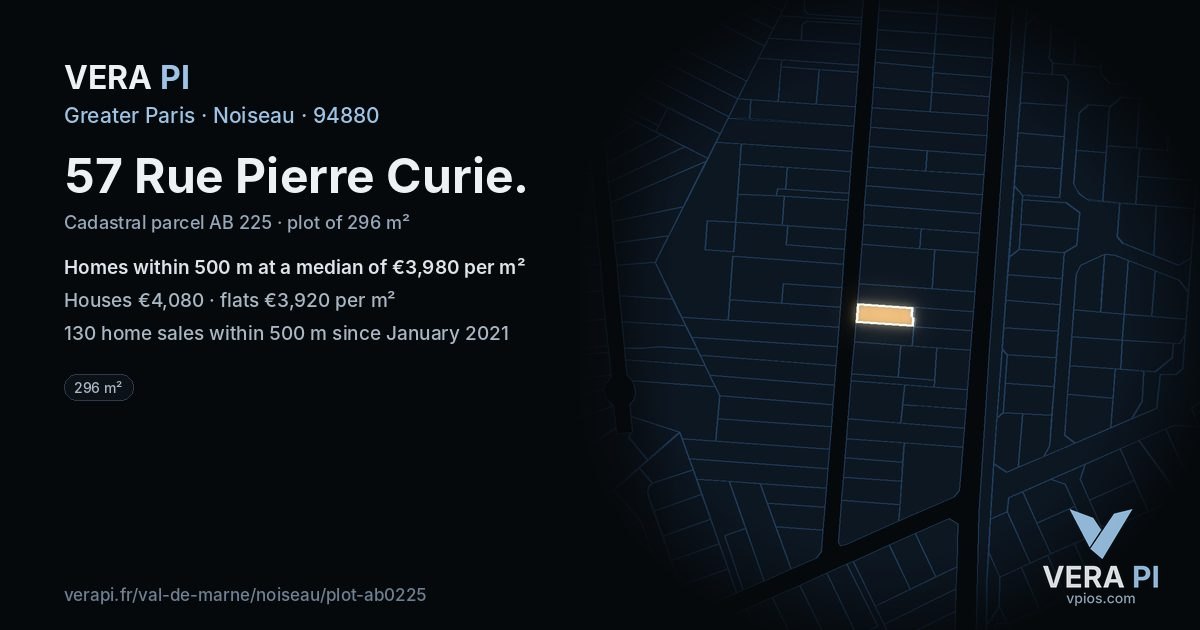 57 Rue Pierre Curie, Noiseau at night – the plot lit, the parcels around coloured by the prices near them