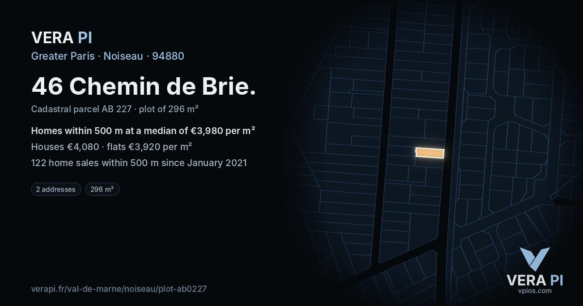 46 Chemin de Brie, Noiseau at night – the plot lit, the parcels around coloured by the prices near them