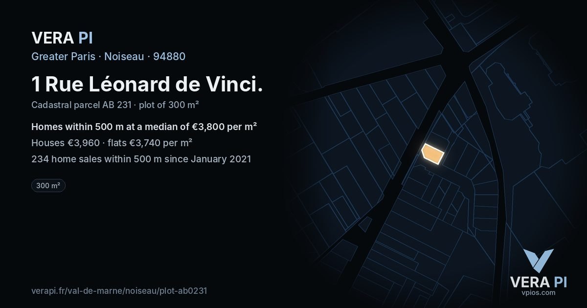 1 Rue Léonard de Vinci, Noiseau at night – the plot lit, the parcels around coloured by the prices near them