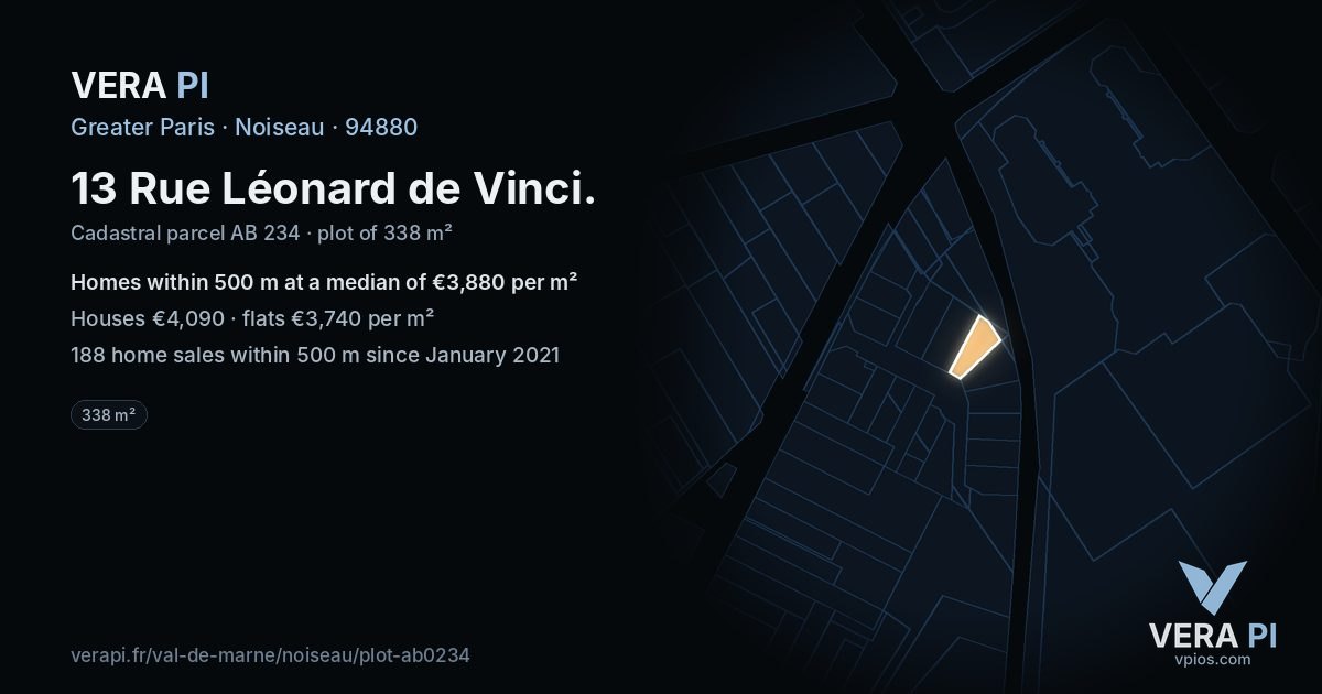 13 Rue Léonard de Vinci, Noiseau at night – the plot lit, the parcels around coloured by the prices near them