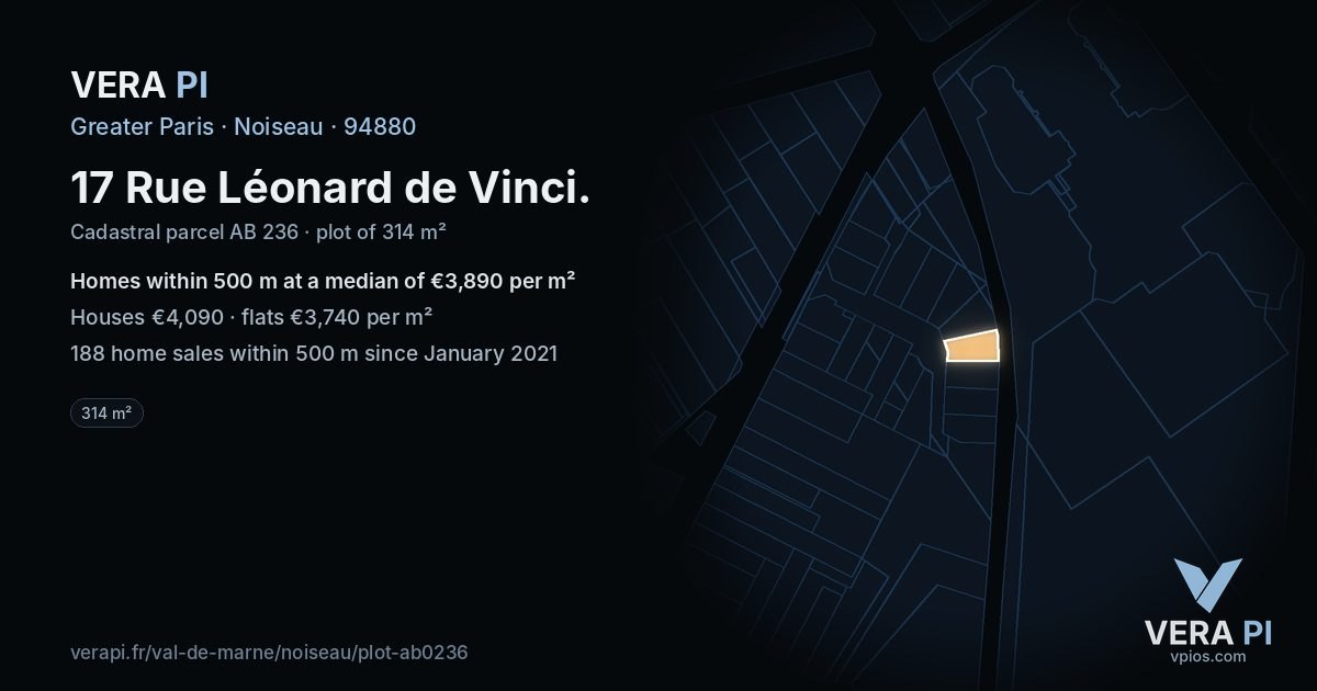 17 Rue Léonard de Vinci, Noiseau at night – the plot lit, the parcels around coloured by the prices near them