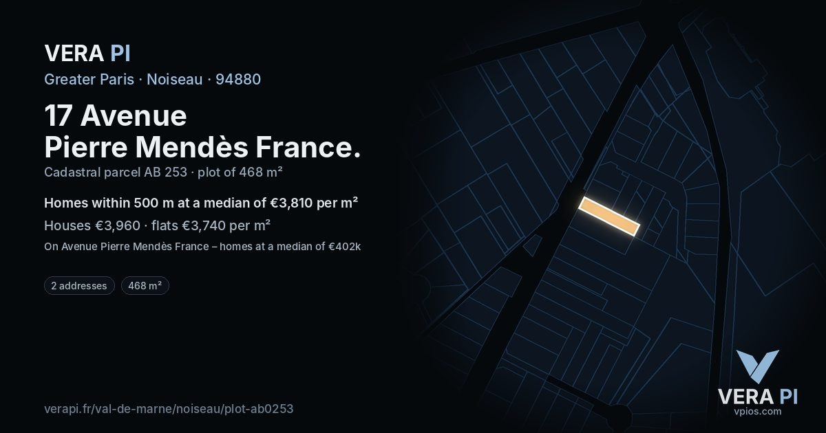 17 Avenue Pierre Mendès France, Noiseau at night – the plot lit, the parcels around coloured by the prices near them