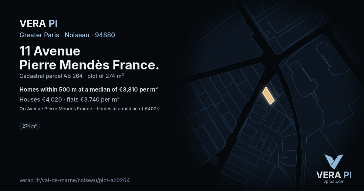11 Avenue Pierre Mendès France, Noiseau at night – the plot lit, the parcels around coloured by the prices near them