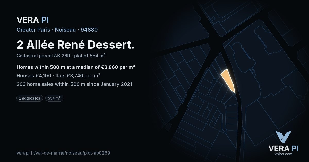2 Allée René Dessert, Noiseau at night – the plot lit, the parcels around coloured by the prices near them