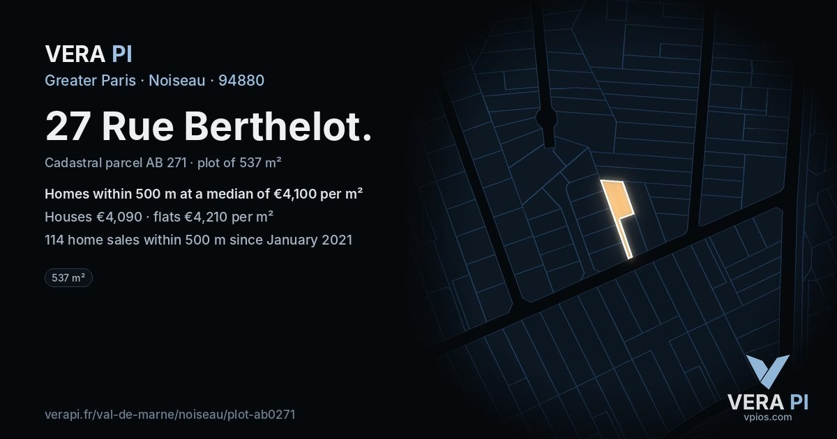 27 Rue Berthelot, Noiseau at night – the plot lit, the parcels around coloured by the prices near them