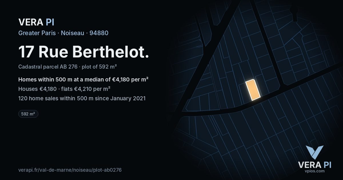 17 Rue Berthelot, Noiseau at night – the plot lit, the parcels around coloured by the prices near them