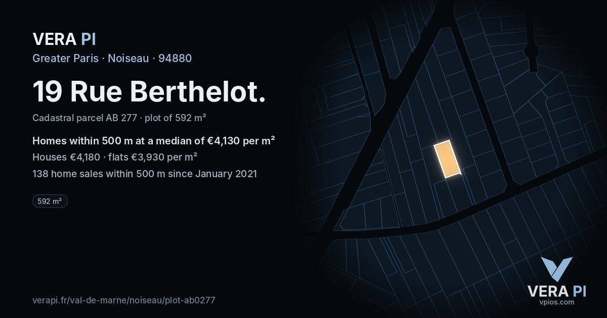19 Rue Berthelot, Noiseau at night – the plot lit, the parcels around coloured by the prices near them