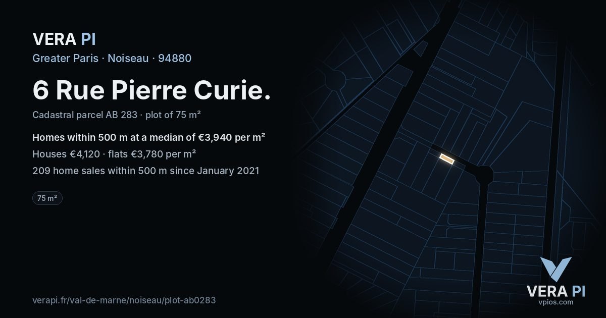6 Rue Pierre Curie, Noiseau at night – the plot lit, the parcels around coloured by the prices near them