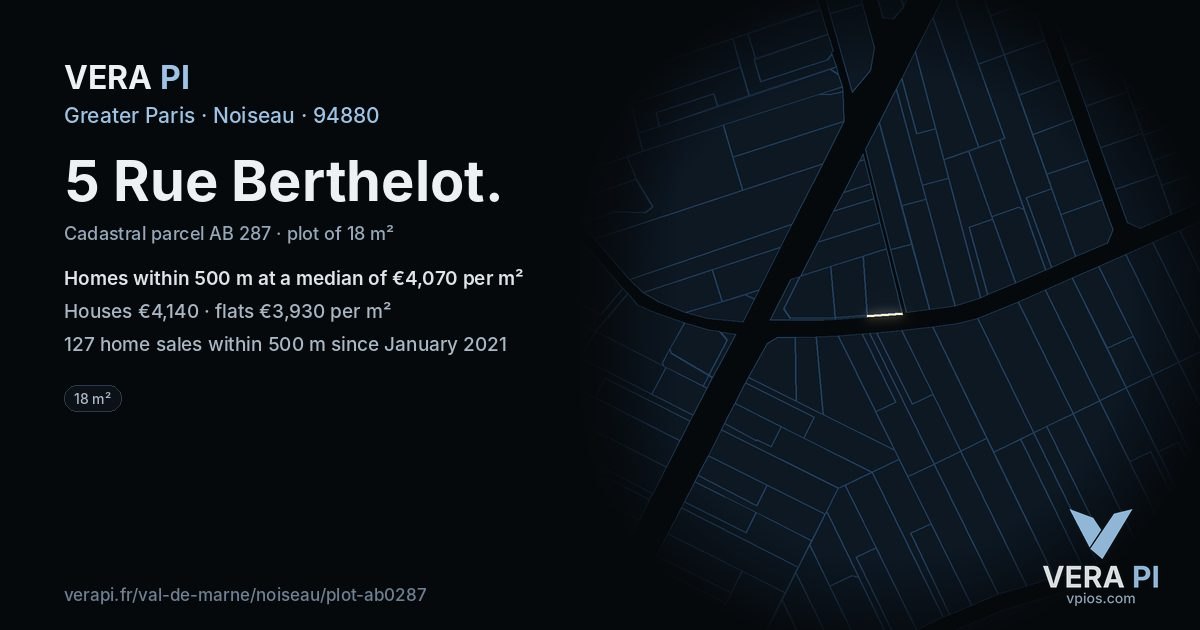5 Rue Berthelot, Noiseau at night – the plot lit, the parcels around coloured by the prices near them