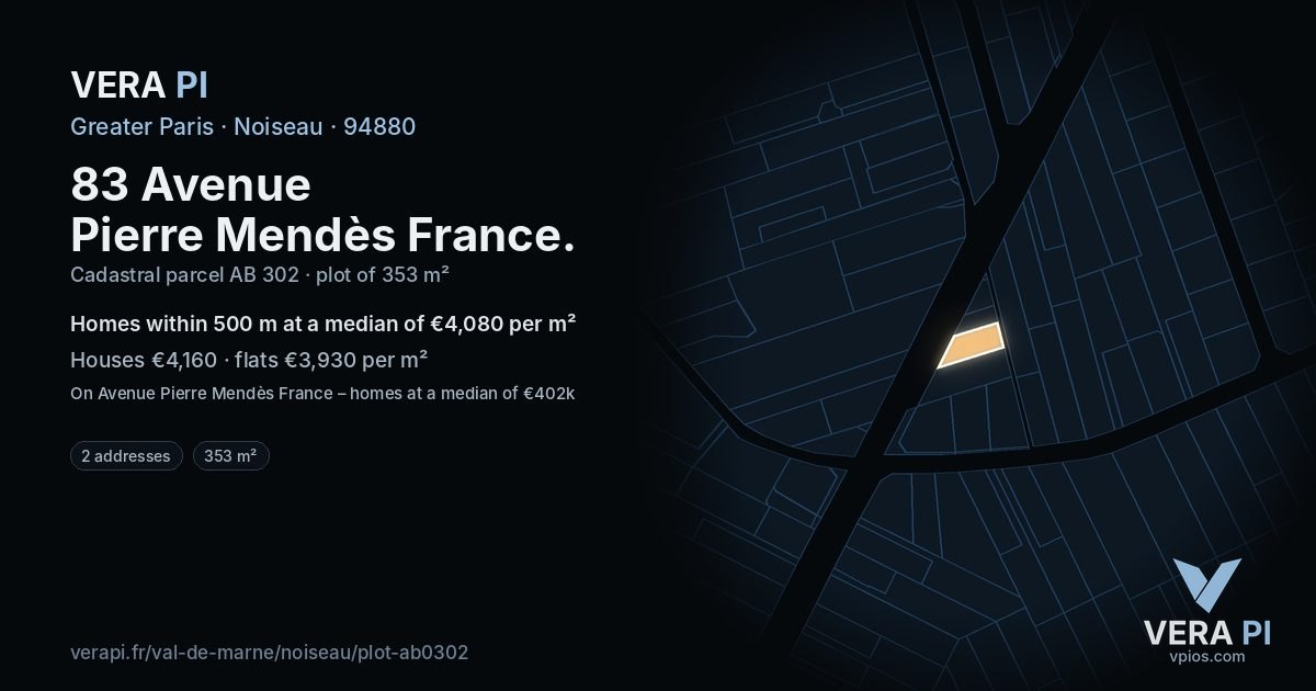 83 Avenue Pierre Mendès France, Noiseau at night – the plot lit, the parcels around coloured by the prices near them