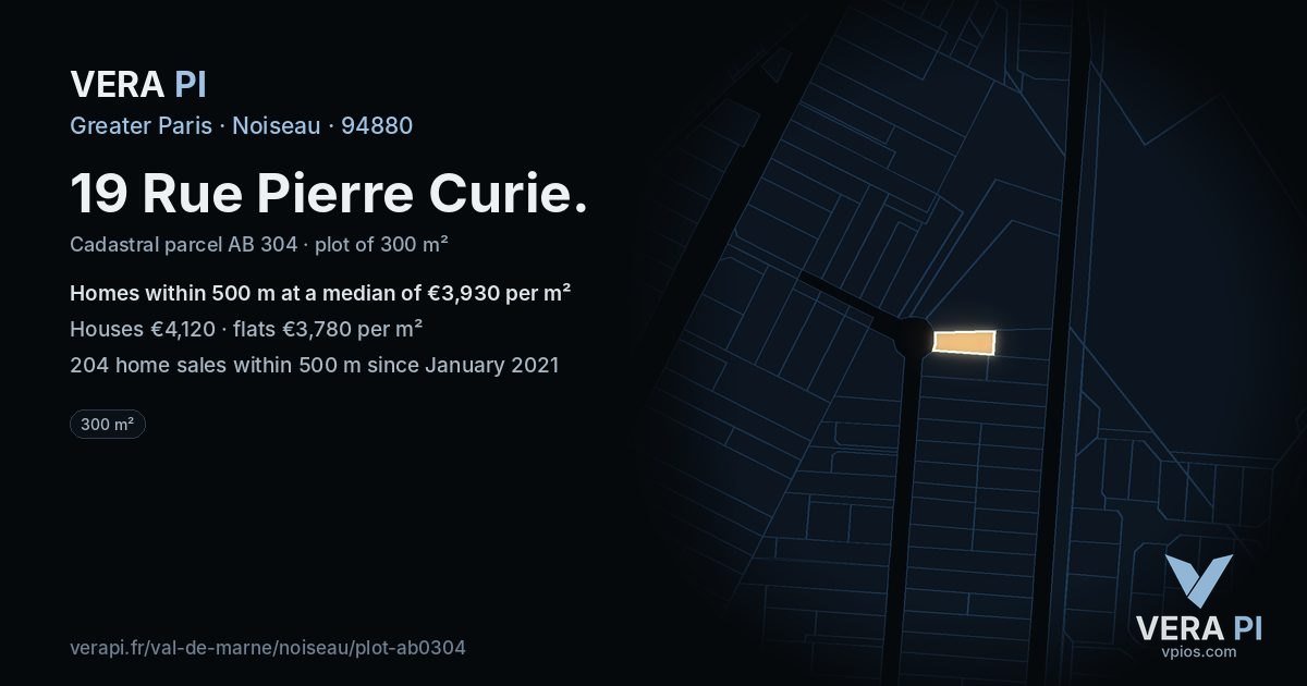 19 Rue Pierre Curie, Noiseau at night – the plot lit, the parcels around coloured by the prices near them