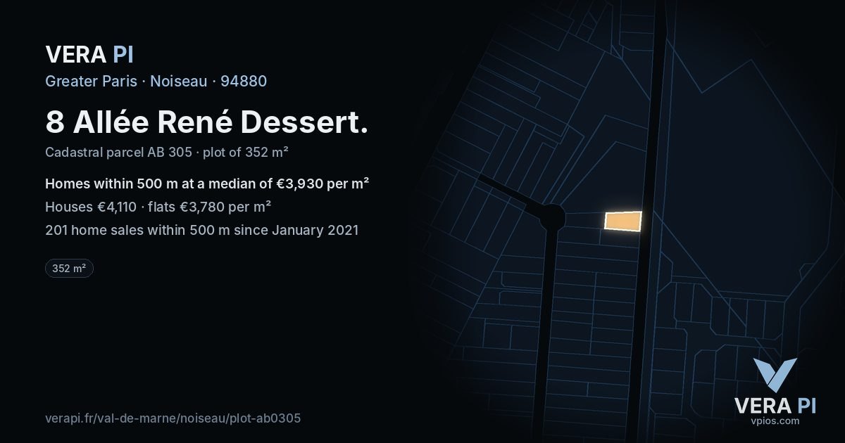 8 Allée René Dessert, Noiseau at night – the plot lit, the parcels around coloured by the prices near them