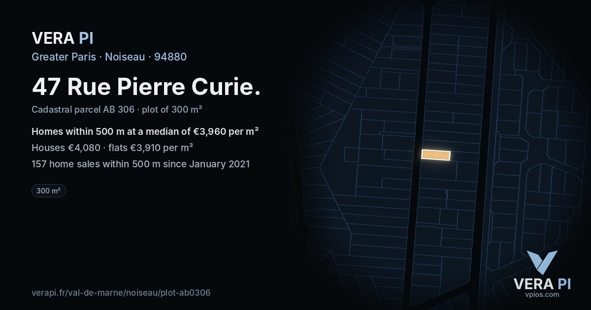 47 Rue Pierre Curie, Noiseau at night – the plot lit, the parcels around coloured by the prices near them