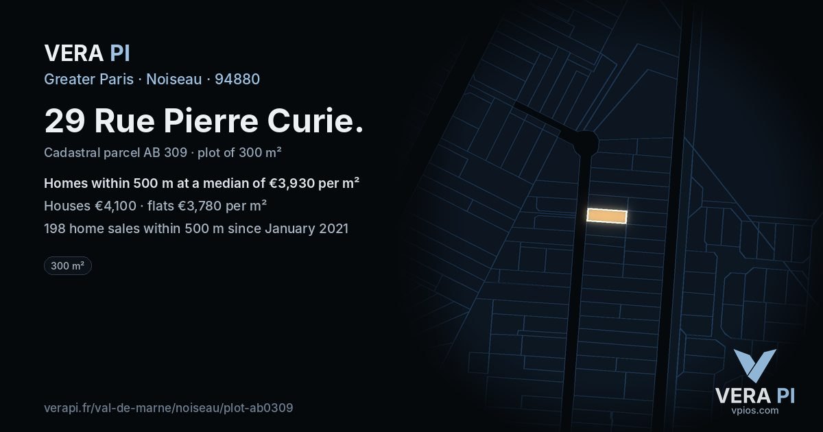 29 Rue Pierre Curie, Noiseau at night – the plot lit, the parcels around coloured by the prices near them