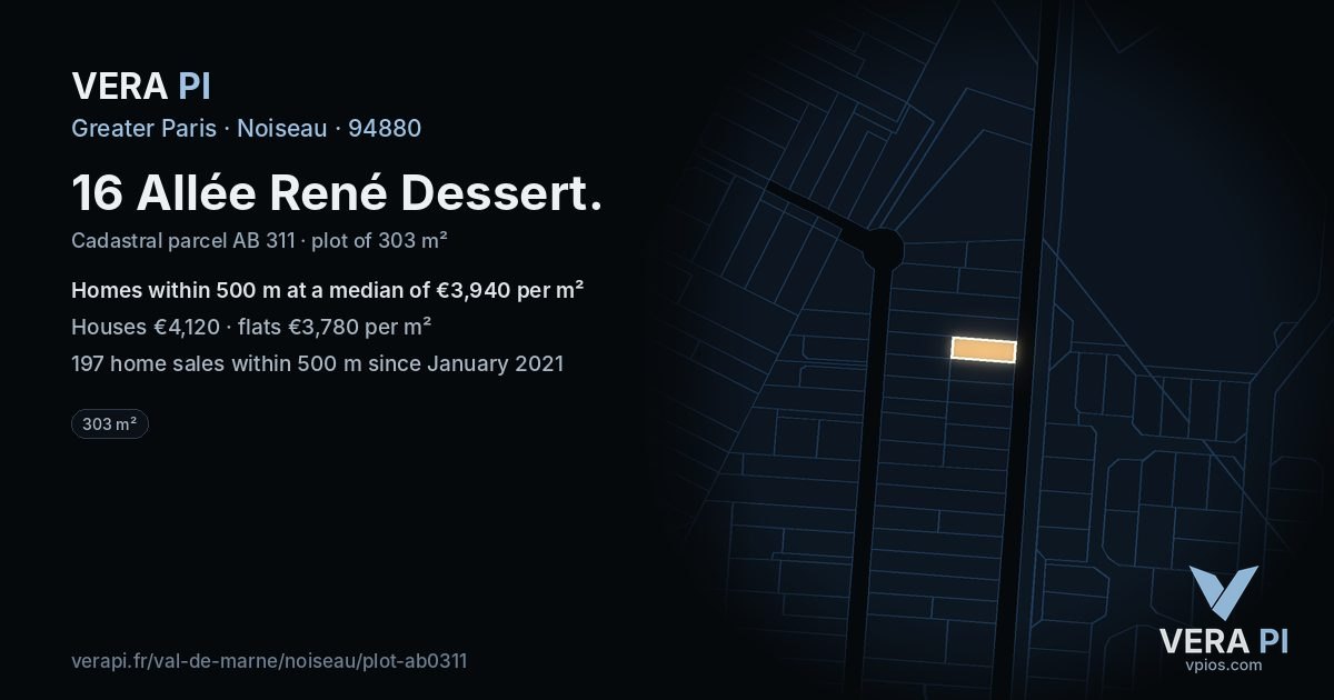 16 Allée René Dessert, Noiseau at night – the plot lit, the parcels around coloured by the prices near them