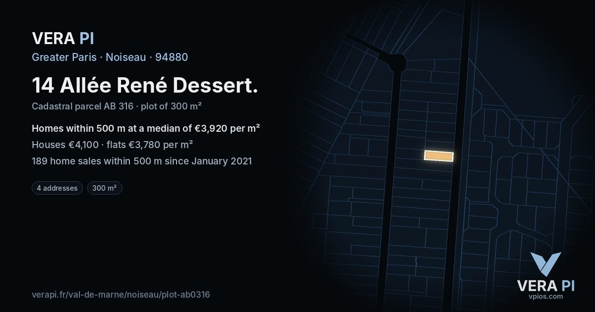 14 Allée René Dessert, Noiseau at night – the plot lit, the parcels around coloured by the prices near them
