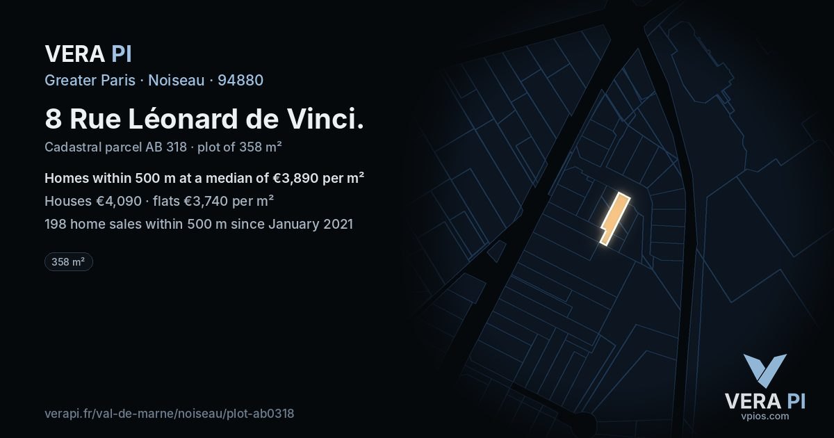 8 Rue Léonard de Vinci, Noiseau at night – the plot lit, the parcels around coloured by the prices near them
