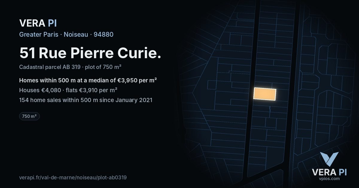 51 Rue Pierre Curie, Noiseau at night – the plot lit, the parcels around coloured by the prices near them