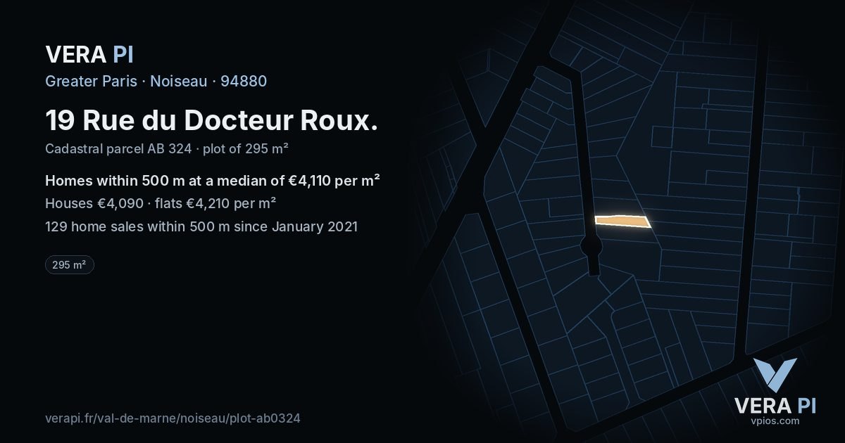 19 Rue du Docteur Roux, Noiseau at night – the plot lit, the parcels around coloured by the prices near them