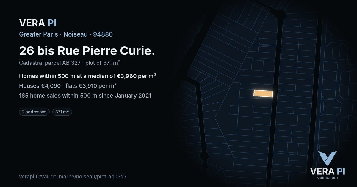 26 bis Rue Pierre Curie, Noiseau at night – the plot lit, the parcels around coloured by the prices near them