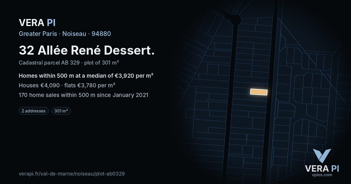 32 Allée René Dessert, Noiseau at night – the plot lit, the parcels around coloured by the prices near them