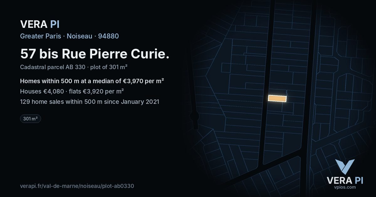 57 bis Rue Pierre Curie, Noiseau at night – the plot lit, the parcels around coloured by the prices near them