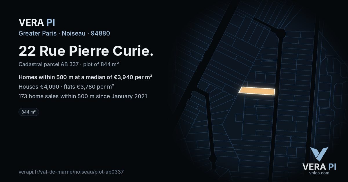 22 Rue Pierre Curie, Noiseau at night – the plot lit, the parcels around coloured by the prices near them