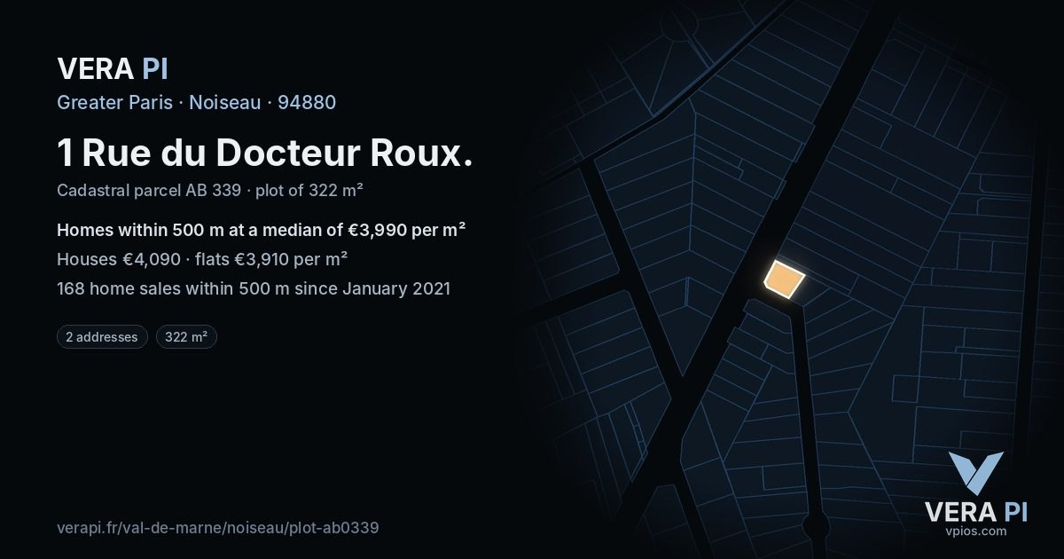 1 Rue du Docteur Roux, Noiseau at night – the plot lit, the parcels around coloured by the prices near them