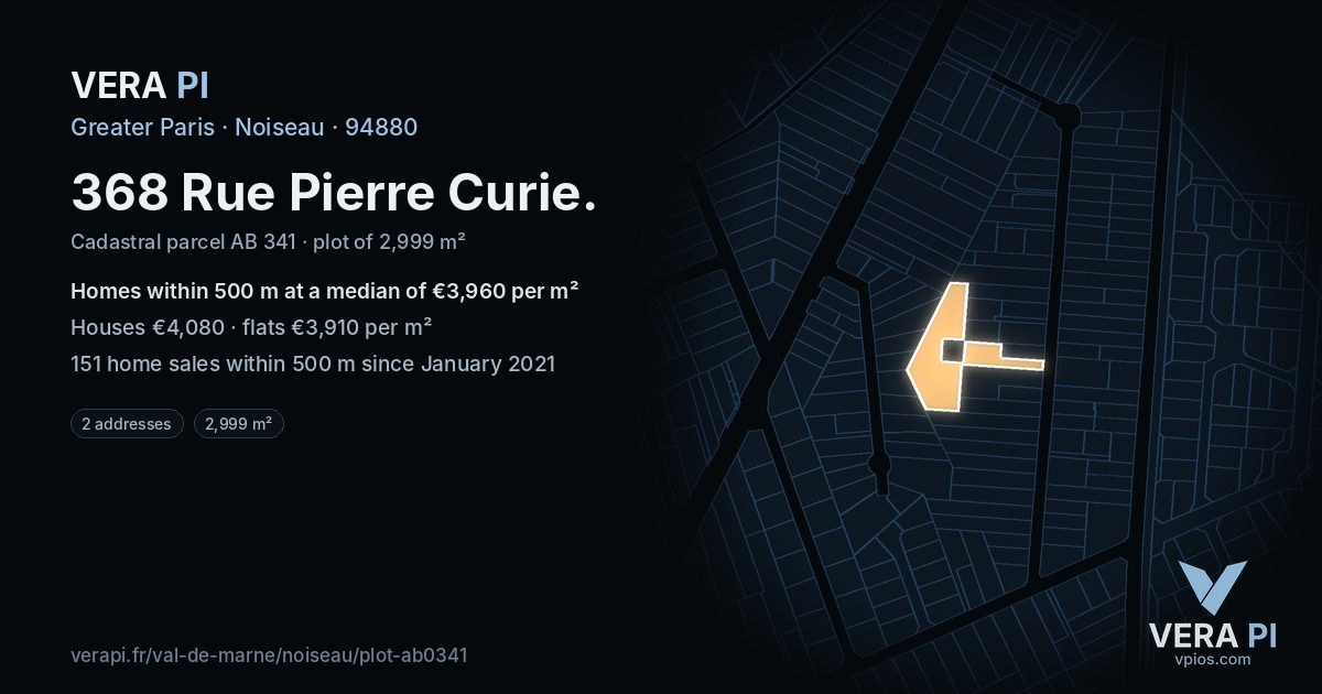 368 Rue Pierre Curie, Noiseau at night – the plot lit, the parcels around coloured by the prices near them