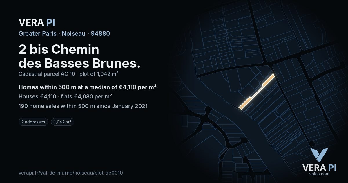 2 bis Chemin des Basses Brunes, Noiseau at night – the plot lit, the parcels around coloured by the prices near them