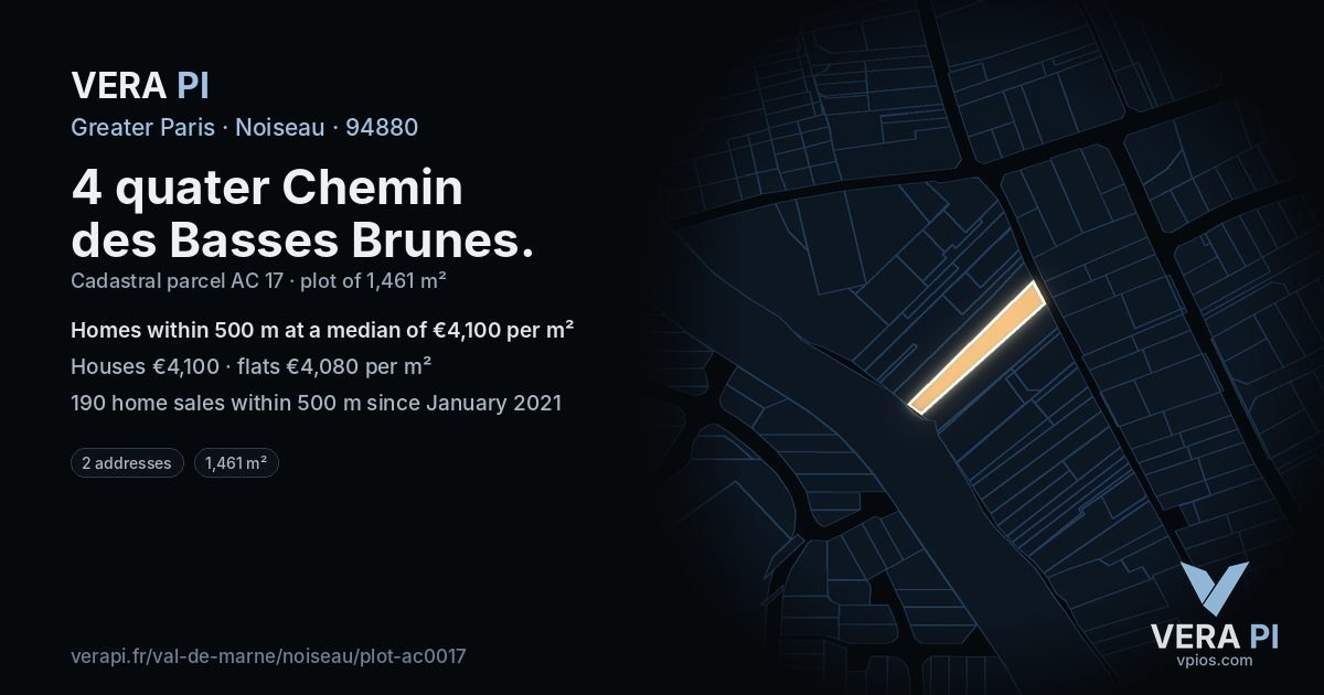4 quater Chemin des Basses Brunes, Noiseau at night – the plot lit, the parcels around coloured by the prices near them