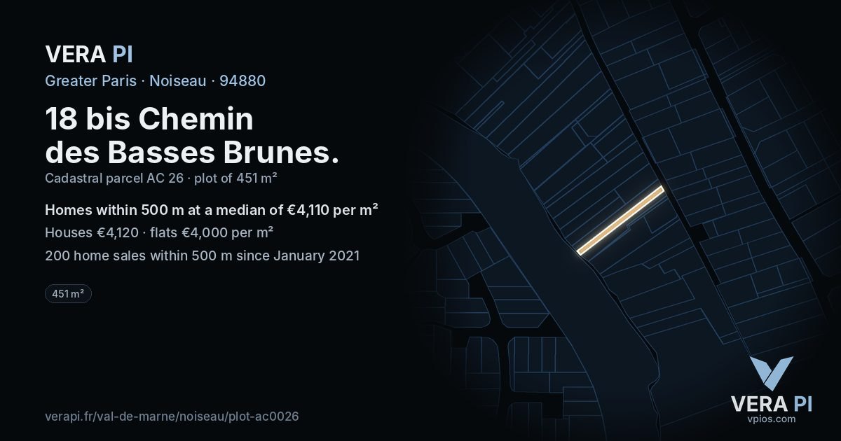 18 bis Chemin des Basses Brunes, Noiseau at night – the plot lit, the parcels around coloured by the prices near them