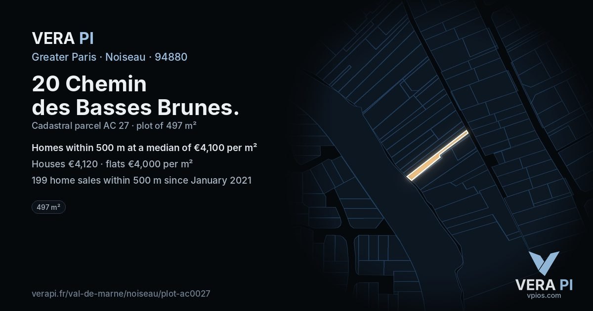 20 Chemin des Basses Brunes, Noiseau at night – the plot lit, the parcels around coloured by the prices near them