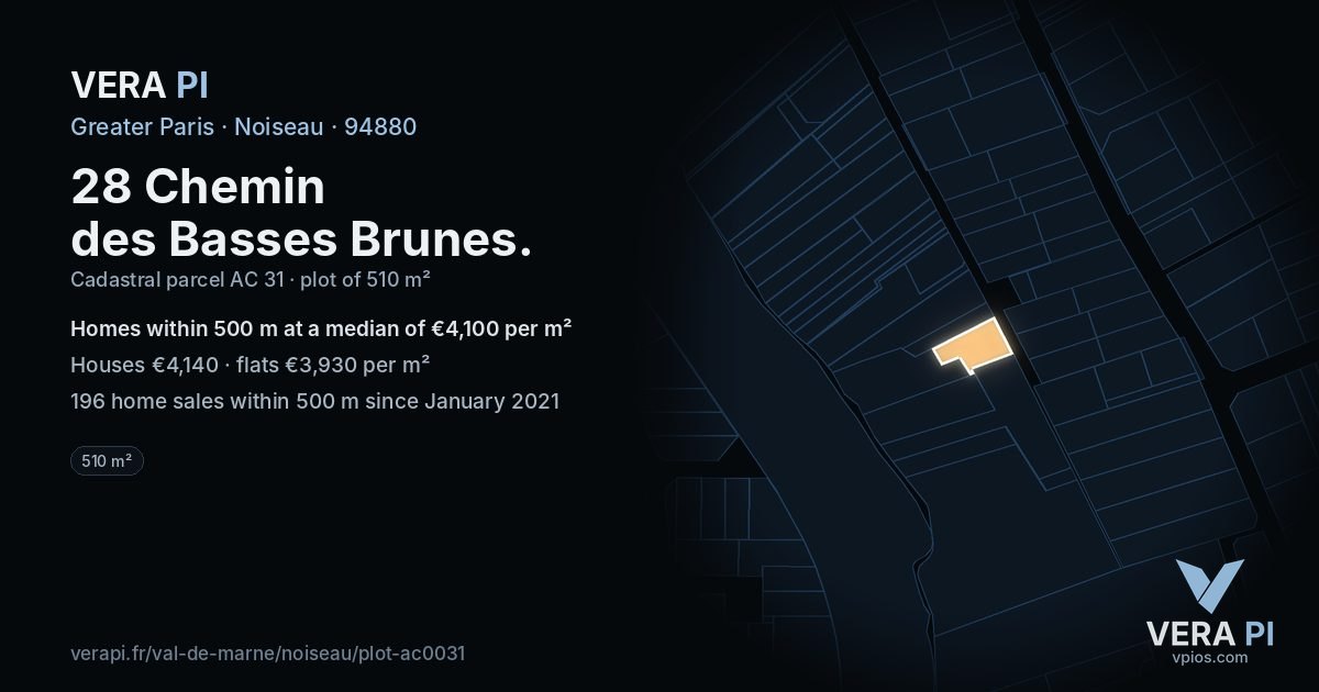28 Chemin des Basses Brunes, Noiseau at night – the plot lit, the parcels around coloured by the prices near them