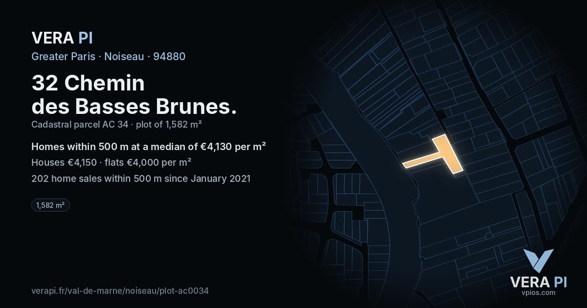 32 Chemin des Basses Brunes, Noiseau at night – the plot lit, the parcels around coloured by the prices near them