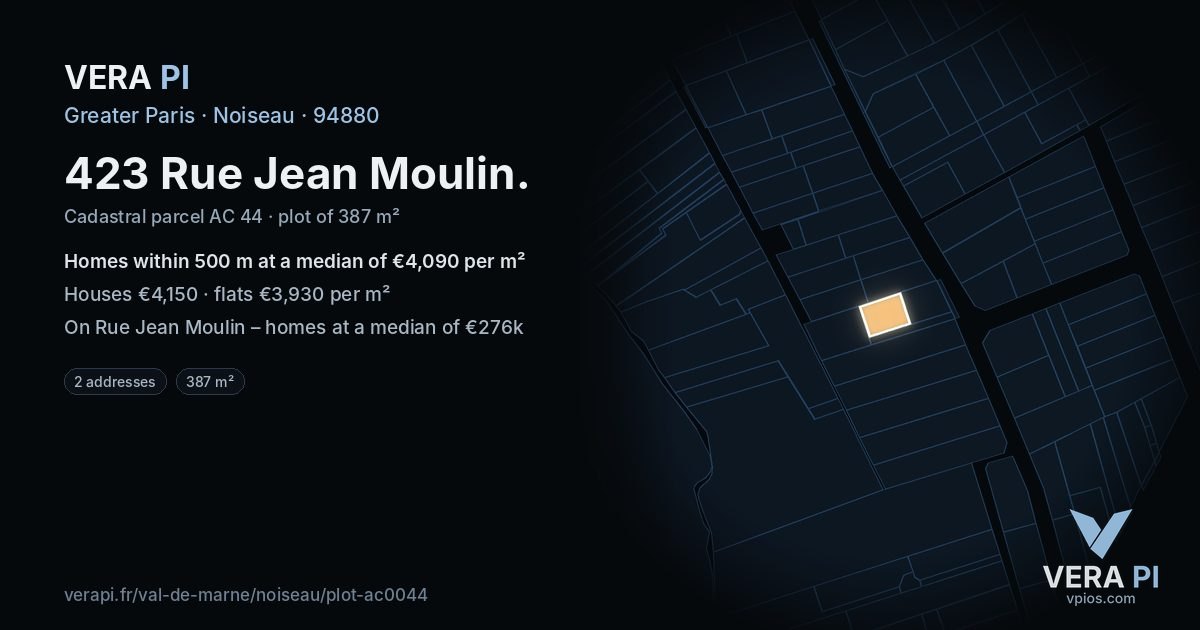 423 Rue Jean Moulin, Noiseau at night – the plot lit, the parcels around coloured by the prices near them