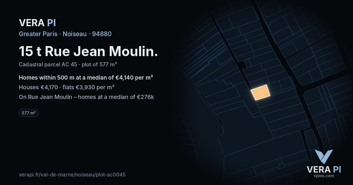 15 t Rue Jean Moulin, Noiseau at night – the plot lit, the parcels around coloured by the prices near them