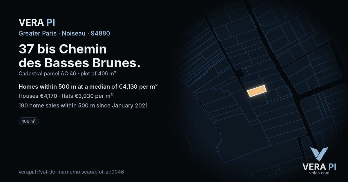 37 bis Chemin des Basses Brunes, Noiseau at night – the plot lit, the parcels around coloured by the prices near them