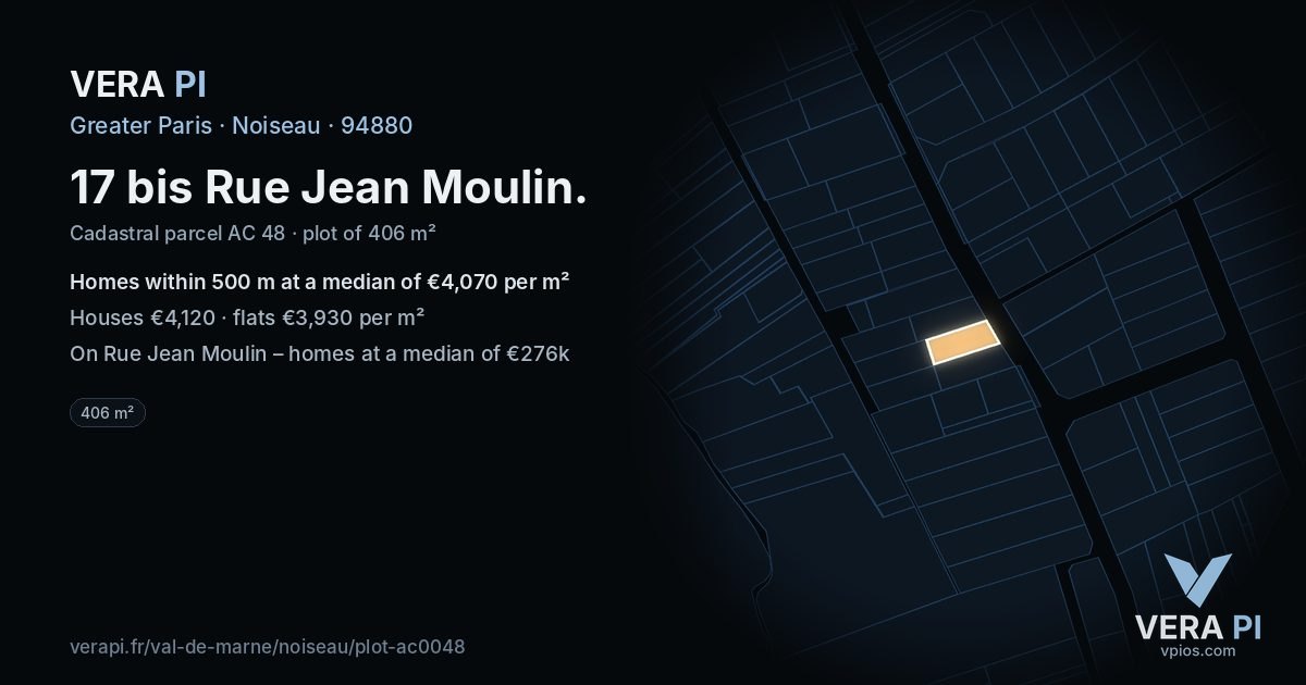17 bis Rue Jean Moulin, Noiseau at night – the plot lit, the parcels around coloured by the prices near them