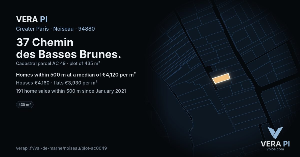 37 Chemin des Basses Brunes, Noiseau at night – the plot lit, the parcels around coloured by the prices near them