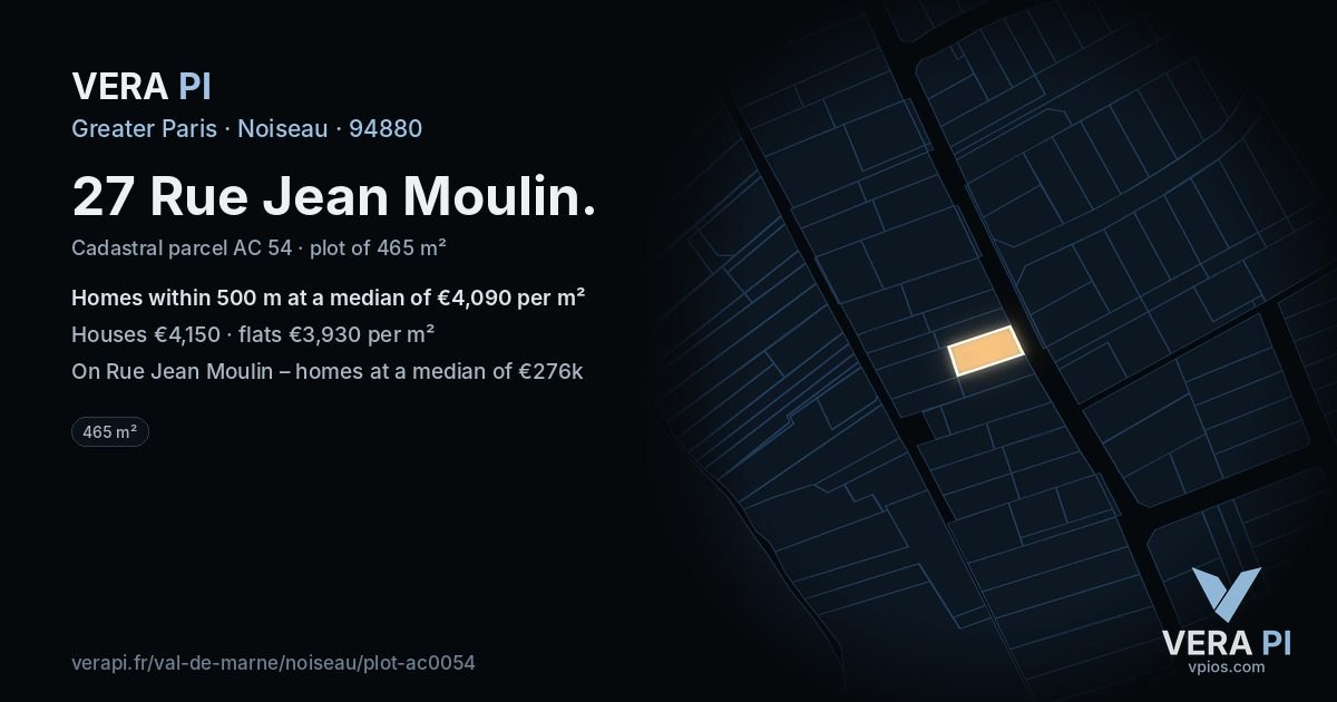 27 Rue Jean Moulin, Noiseau at night – the plot lit, the parcels around coloured by the prices near them