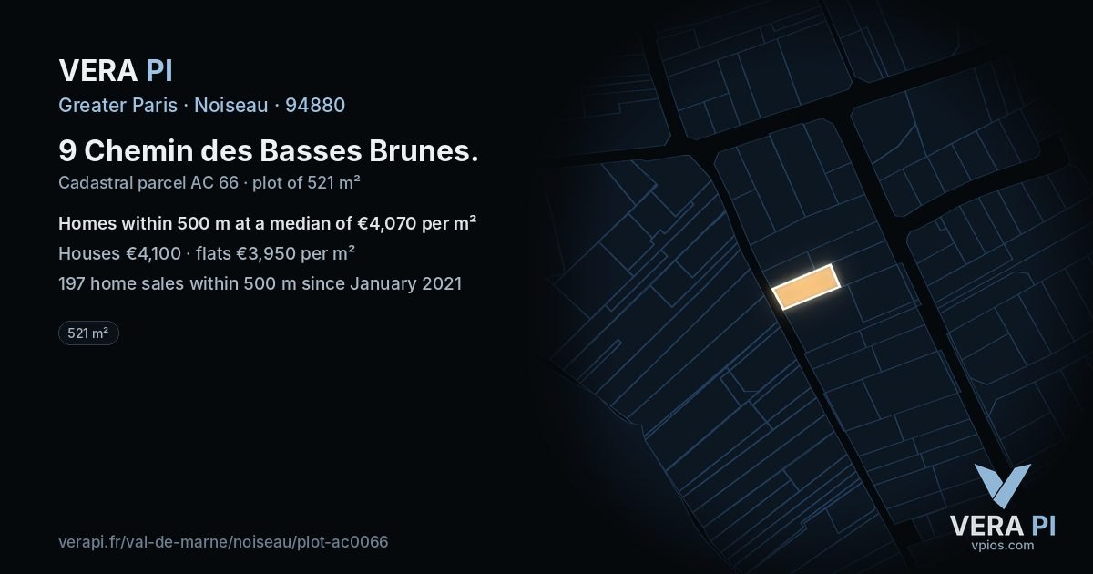 9 Chemin des Basses Brunes, Noiseau at night – the plot lit, the parcels around coloured by the prices near them