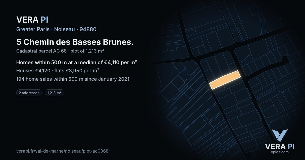 5 Chemin des Basses Brunes, Noiseau at night – the plot lit, the parcels around coloured by the prices near them